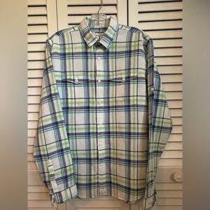 Express Men's Plaid Button-Down Shirt in White, Blue, and Green